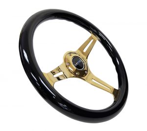 NRG Black Wood Grain 350mm Gold center