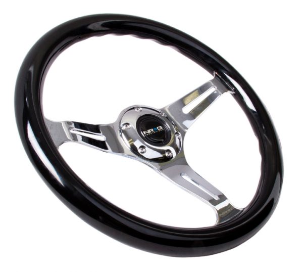 lmr Classic Wood Grain Wheel, 350mm 3 chrome spokes- Black