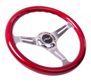 Smooth Classic Red Wood Grain Wheel, 350mm, Chrome Finish 3 Spoke Center