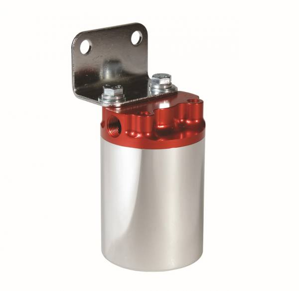 lmr Filter, Canister, 10-m Fabric Element, 3/8" NPT Port, Bright-Dip Red Top / Nickel Plated Cup, SS-Series (Aeromotive Inc)