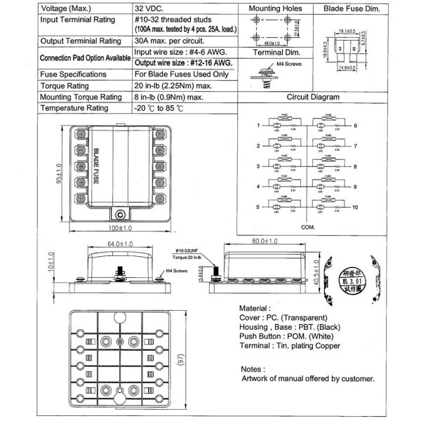 lmr Säkringspanel / Säkringshållare / Säkringsbox 10 säkringar (bladsäkring) med LED