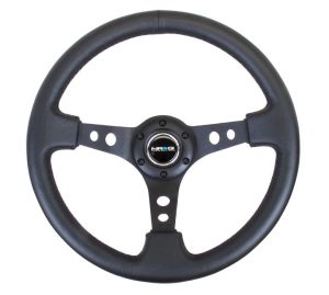 NRG 350mm Sport Steering Wheel (3″ Deep) – Black Spoke w/ Round holes / Black Leather