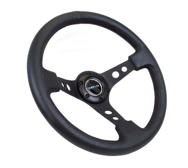 lmr NRG 350mm Sport Steering Wheel (3" Deep) - Black Spoke w/ Round holes / Black Leather