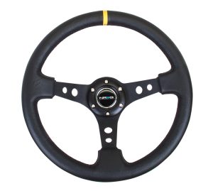 NRG 350mm Sport Steering Wheel (3″ Deep) – Black Spoke w/ Round holes / Black Leather / Yellow Stripes