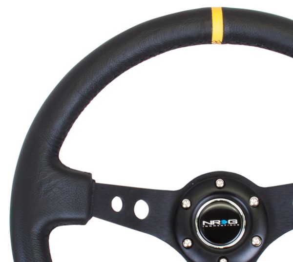 lmr NRG 350mm Sport Steering Wheel (3" Deep) - Black Spoke w/ Round holes / Black Leather / Yellow Stripes