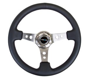 NRG 350mm Sport Steering Wheel (3″ Deep) – Gun Metal Spoke w/ Round holes / Black Leather