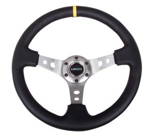 NRG 350mm Sport Steering Wheel (3″ Deep) – Gun Metal Spoke w/ Round holes / Black Leather / Yellow Center Mark