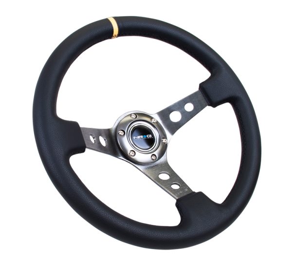 lmr NRG 350mm Sport Steering Wheel (3" Deep) - Gun Metal Spoke w/ Round holes / Black Leather / Yellow Center Mark