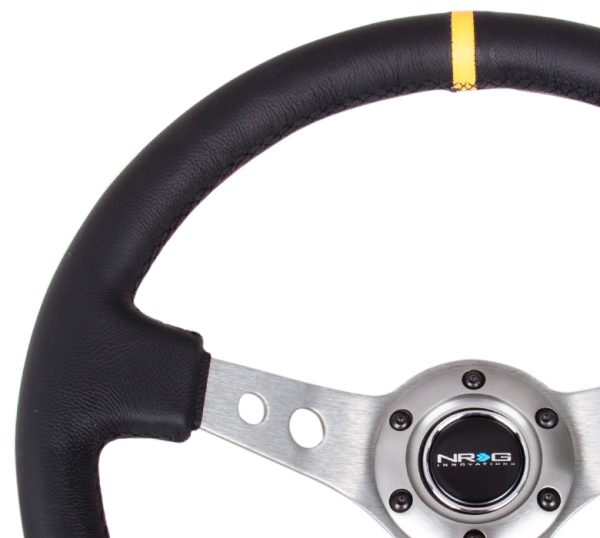 lmr NRG 350mm Sport Steering Wheel (3" Deep) - Gun Metal Spoke w/ Round holes / Black Leather / Yellow Center Mark