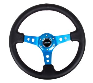 NRG 350mm Sport Steering Wheel (3″ Deep) – Blue Spoke w/ Round holes / Black Leather