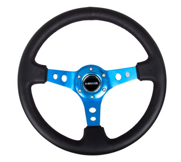lmr NRG 350mm Sport Steering Wheel (3" Deep) - Blue Spoke w/ Round holes / Black Leather