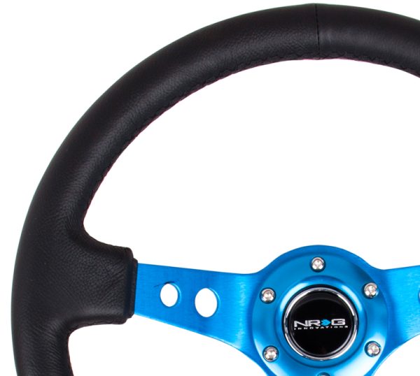 lmr NRG 350mm Sport Steering Wheel (3" Deep) - Blue Spoke w/ Round holes / Black Leather