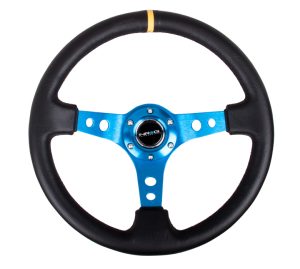 NRG 350mm Sport Steering Wheel (3″ Deep) – Blue Spoke w/ Round holes / Black Leather and Yellow center stripe
