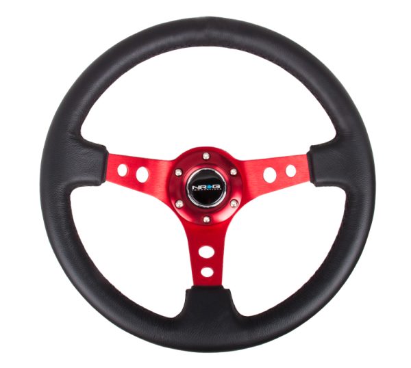 lmr NRG 350mm Sport Steering Wheel (3" Deep) - Red Spoke w/ Round holes / Black Leather