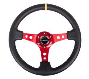 NRG 350mm Sport Steering Wheel (3″ Deep) – Red Spoke w/ Round holes / Black Leather / Yellow Center Mark