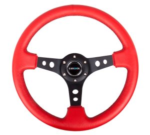 NRG 350mm Sport Steering Wheel (3″ Deep) – Black Spoke w/ Round holes / Red Leather / Black Stitch