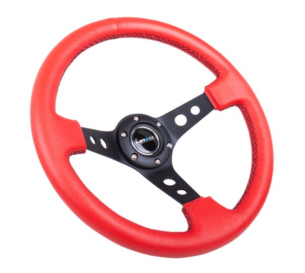 lmr NRG 350mm Sport Steering Wheel (3" Deep) - Black Spoke w/ Round holes / Red Leather / Black Stitch