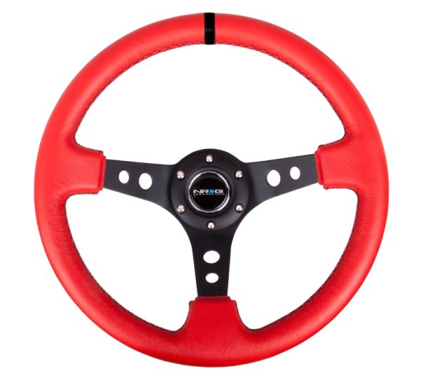 lmr NRG 350mm Sport Steering Wheel (3" Deep) - Black Spoke w/ Round holes / Red Leather / Black Stitch / Black Stripe