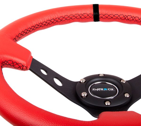 lmr NRG 350mm Sport Steering Wheel (3" Deep) - Black Spoke w/ Round holes / Red Leather / Black Stitch / Black Stripe