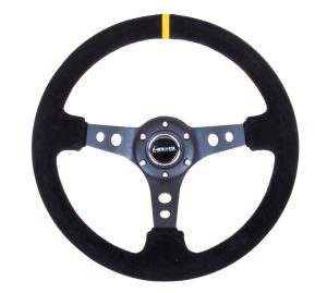 NRG 350mm Sport Steering Wheel (3″ Deep) – Suede Black Stitch w/ Yellow Center Mark
