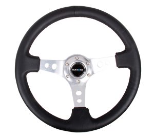 NRG 350mm Sport Steering Wheel (3″ Deep) – SILVER Spoke w/ Round holes / Black Leather