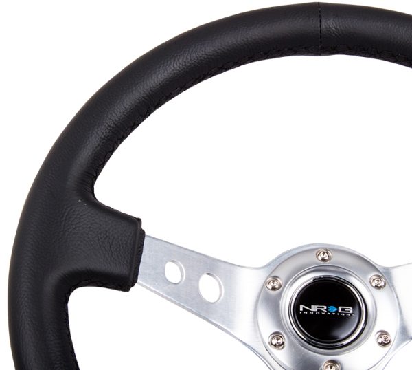 lmr NRG 350mm Sport Steering Wheel (3" Deep) - SILVER Spoke w/ Round holes / Black Leather