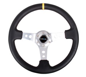 NRG 350mm Sport Steering Wheel (3″ Deep) – SILVER Spoke w/ Round holes / Black Leather / Yellow Center Mark