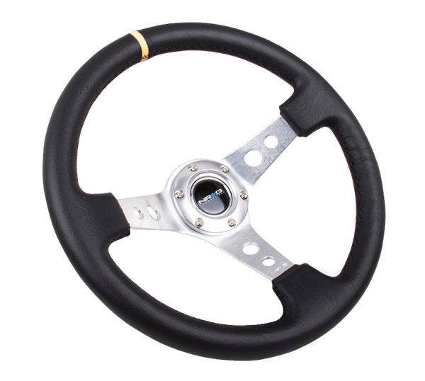 lmr NRG 350mm Sport Steering Wheel (3" Deep) - SILVER Spoke w/ Round holes / Black Leather / Yellow Center Mark