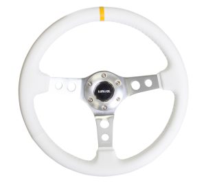 NRG 350mm Sport Steering Wheel (3″ Deep) Silver Spoke with White Leather finish and White Stitch