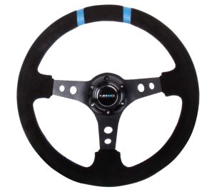 NRG 350mm Suede Sport Steering Wheel (3″ Deep) Black Spoke w/ Blue Double Center Marking