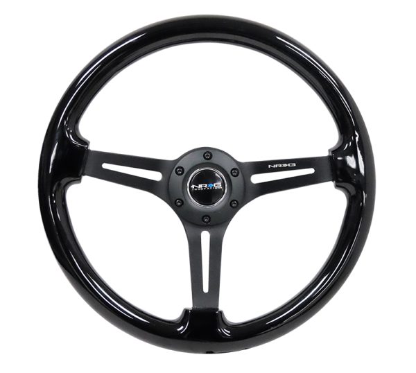 lmr NRG Reinforced Classic Wood Grain Wheel, 350mm, 3 spoke Slotted Center Black with Black Painted Wood