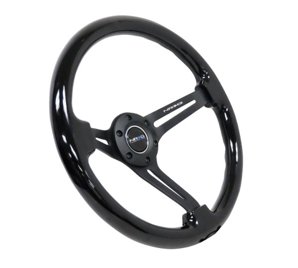lmr NRG Reinforced Classic Wood Grain Wheel, 350mm, 3 spoke Slotted Center Black with Black Painted Wood