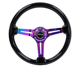 NRG Reinforced Classic Wood Grain Wheel, 350mm, 3 spoke Slotted Center Neochrome with Black Painted Wood