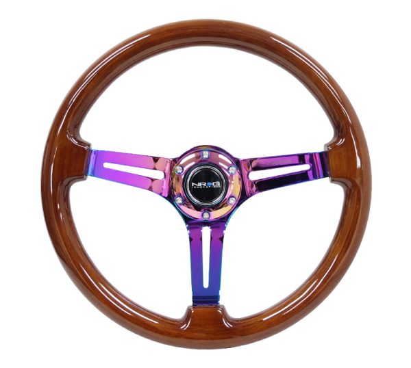 lmr NRG Reinforced Classic Wood Grain Wheel, 350mm, 3 spoke Slotted Center Neochrome with Brown Painted Wood