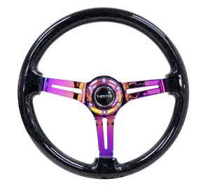 NRG Reinforced Classic Wood Grain Wheel, 350mm, 3 spoke Slotted Center Neochrome with Black multi color flake Wood