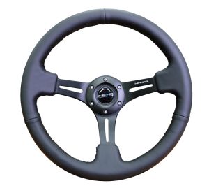 NRG 350mm Sport Steering Wheel (3″ Deep) Black Leather with Black Stitching