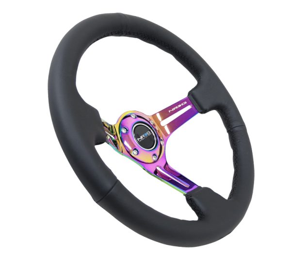 lmr NRG 350mm Sport Steering Wheel Leather (3" Deep) Black Stitch with slits in Neochrome
