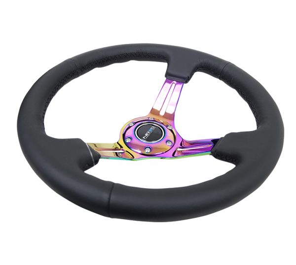 lmr NRG 350mm Sport Steering Wheel Leather (3" Deep) Black Stitch with slits in Neochrome