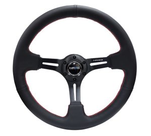 NRG 350mm Sport Steering Wheel (3″ Deep) Black Leather with Red Stitching