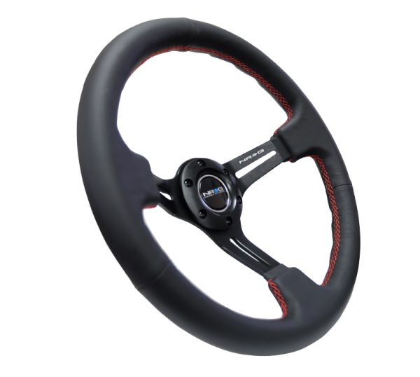 lmr NRG 350mm Sport Steering Wheel (3" Deep) Black Leather with Red Stitching