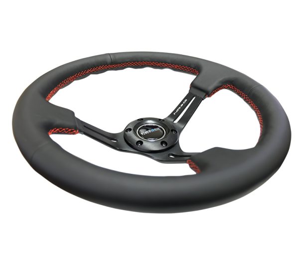 lmr NRG 350mm Sport Steering Wheel (3" Deep) Black Leather with Red Stitching