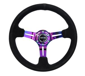 NRG 350mm Sport Steering Wheel Suede (3″ Deep) Black Stitch with slits in Neochrome