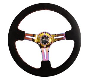 NRG 350mm Sport Steering Wheel Suede (3″ Deep) Red Stitch with slits in Neochrome