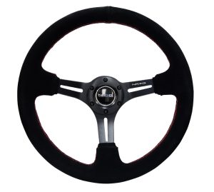 NRG 350mm Sport Steering Wheel SUEDE (3″ Deep) Black Leather with Red Stitch