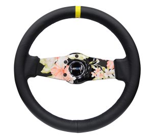 NRG 310mm Floral Dipped Leather Sport Steering Wheel (1.75″ Deep) W/ Yellow Center Mark