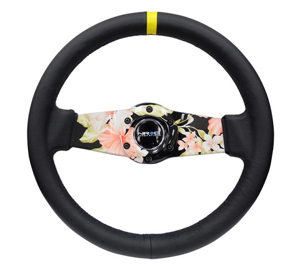lmr NRG 310mm Floral Dipped Leather Sport Steering Wheel (1.75" Deep) W/ Yellow Center Mark