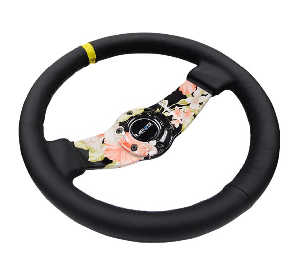 lmr NRG 310mm Floral Dipped Leather Sport Steering Wheel (1.75" Deep) W/ Yellow Center Mark