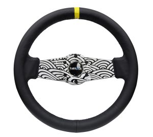 NRG 310mm Japanese Wave Dipped Leather Sport Steering Wheel (1.75″ Deep) W/ Yellow Center Mark