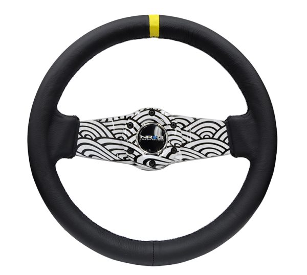 lmr NRG 310mm Japanese Wave Dipped Leather Sport Steering Wheel (1.75" Deep) W/ Yellow Center Mark
