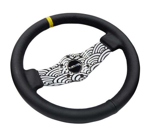 lmr NRG 310mm Japanese Wave Dipped Leather Sport Steering Wheel (1.75" Deep) W/ Yellow Center Mark
